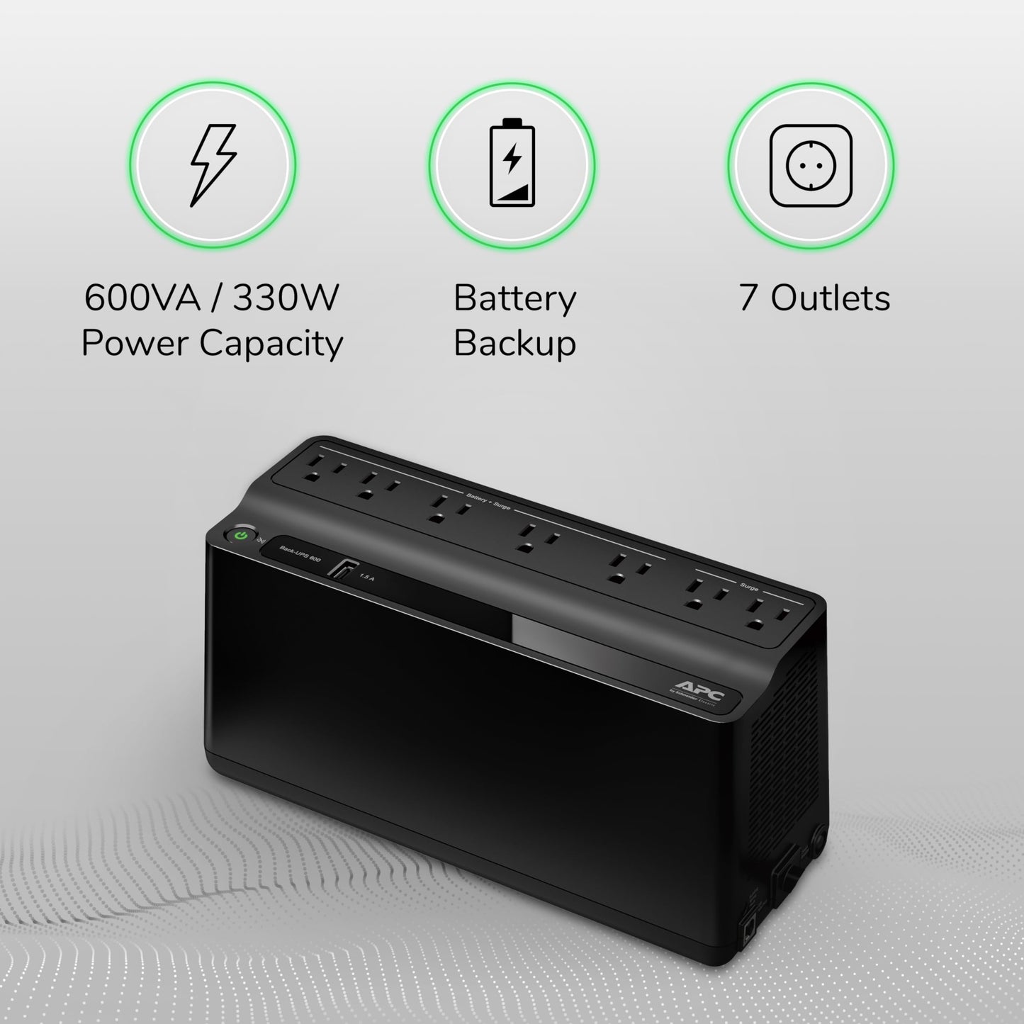 APC UPS Battery Backup and Surge Protector, 600VA/330 Watts Backup Battery Power Supply, BE600M1 Back-UPS with USB Charger Port