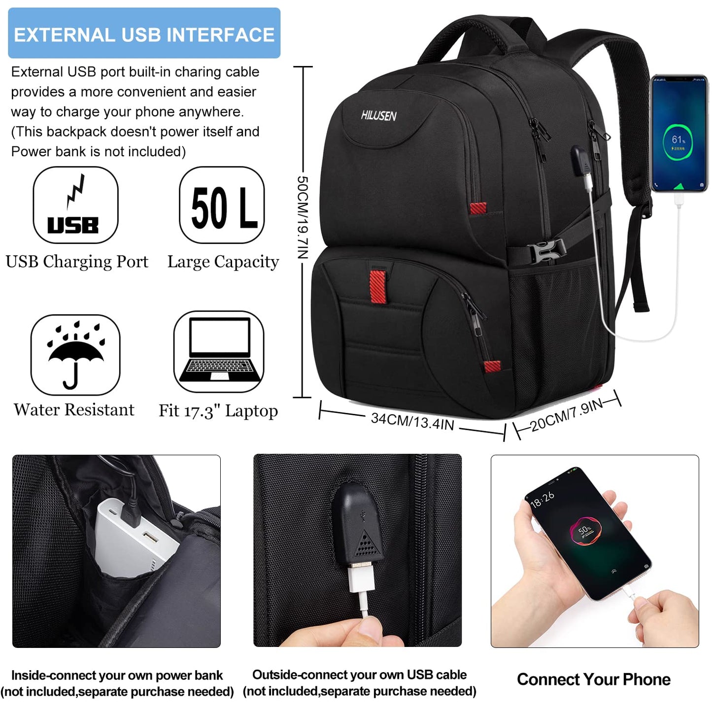 HILUSEN Extra Large Backpack for Men 50L, Insulated Cooler Lunch Box Backpack, Water Resistant 17inch Travel Laptop Work Bookbag with USB Charging Port,Black