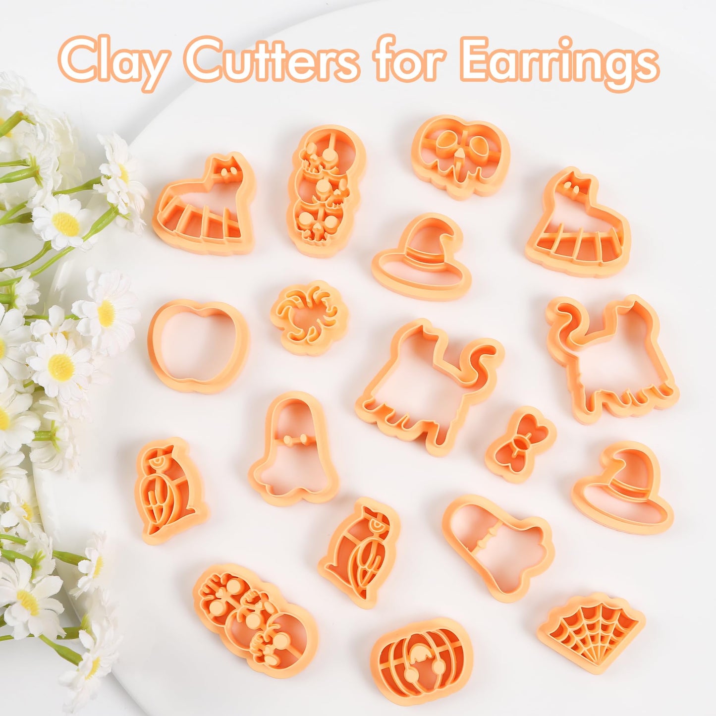 Puocaon Halloween Polymer Clay Cutters - 18 Pcs Halloween Themed Skull Ghost Cat Wizard Witch for Earrings Jewelry Making Clay Earrings Cutters