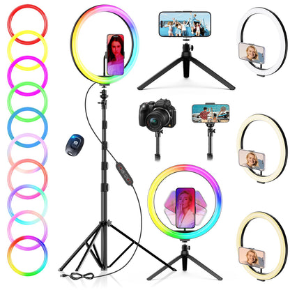 PEYOU 12" Selfie Ring Light with Tripod Stand & Phone Holder Tall 186cm/73", 【Desk Ring Light】 48 RGB Colors, Upgrade 3 in 1 Dimmable Adjustable Speed Ringlight for Tiktok, Makeup, Selfie Photography