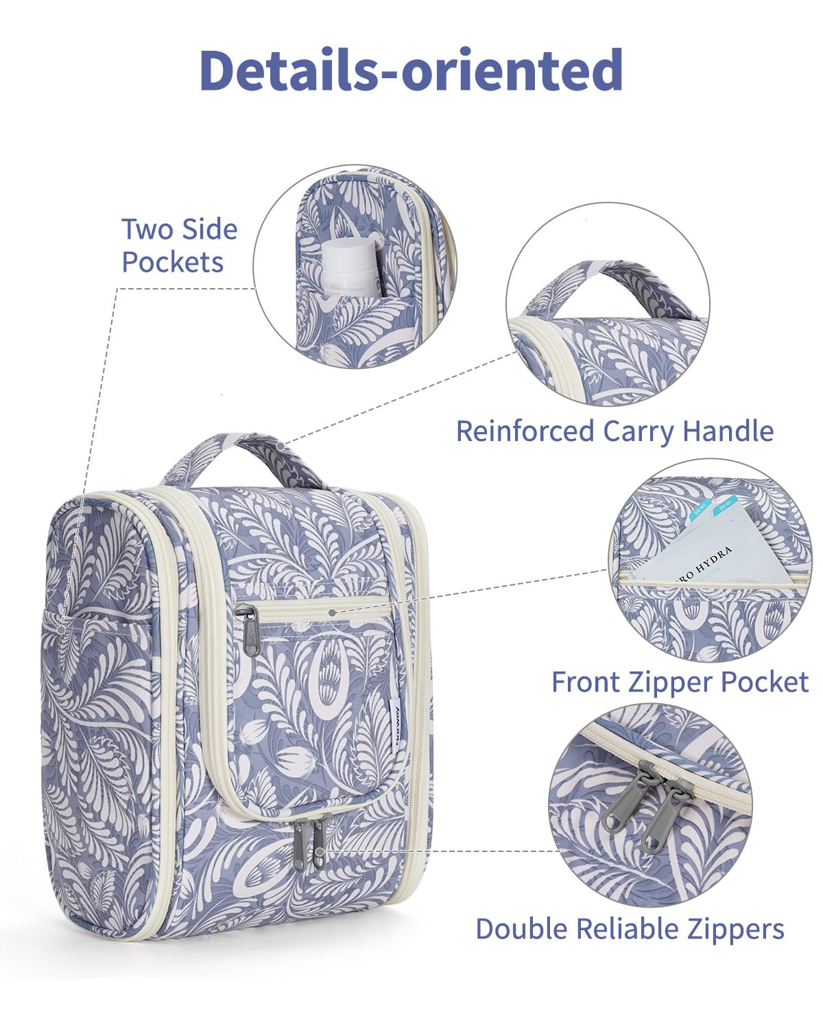 Narwey Hanging Toiletry Wash Bag, Travel Toiletry Bags for Women, Toiletries Bag Washbag Makeup Cosmetic Organiser for Holiday Essentials Accessories (Blue Leaf (Small))