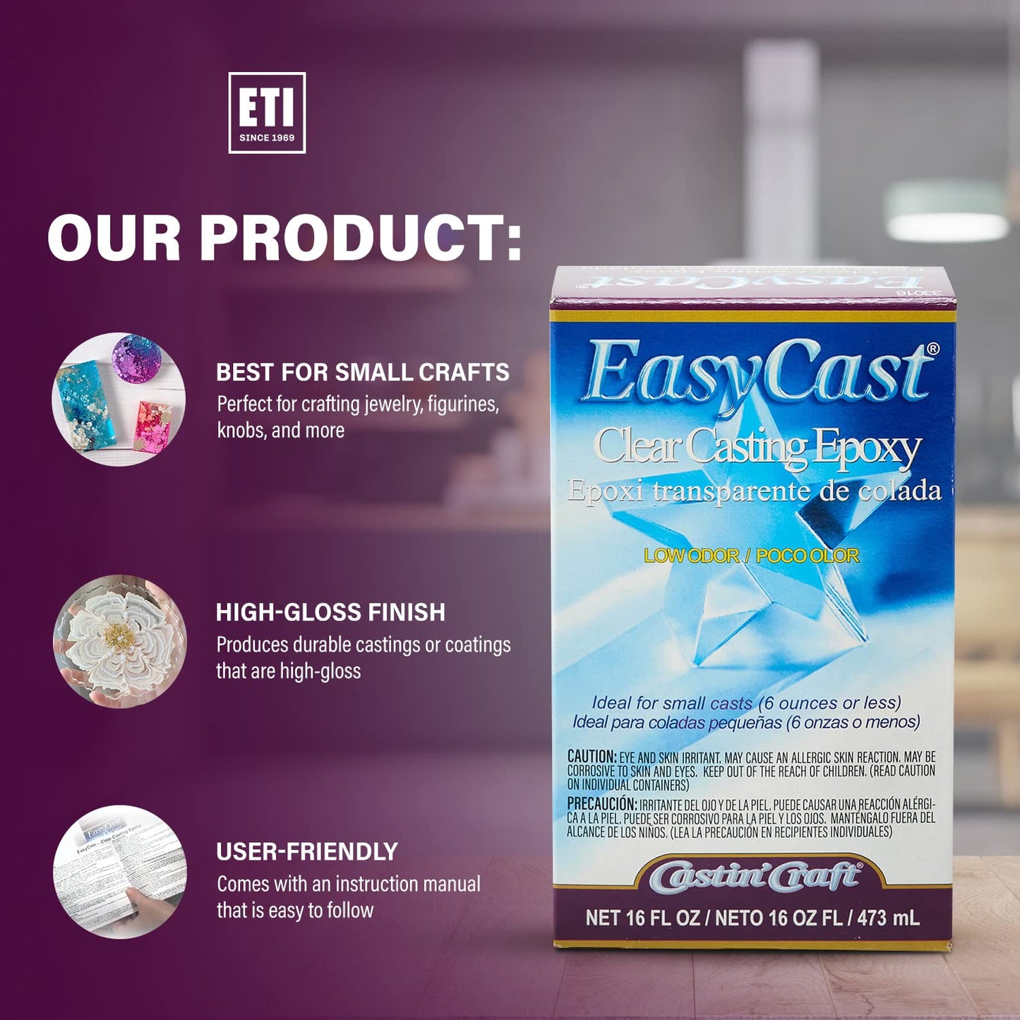 Environmental Technology EasyCast Crystal Clear Casting Epoxy Mix (2-Part Kit) For Coating of Small Arts & Crafts, Wood, Jewelry Making | Low Odor & Solvent Free | 8 oz Resin + 8oz Hardener (16 ounce)