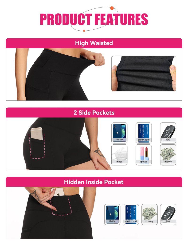 Showitty 3 Pack High Waisted Biker Shorts for Women with Pockets, Tummy Control Yoga Workout Running Gym