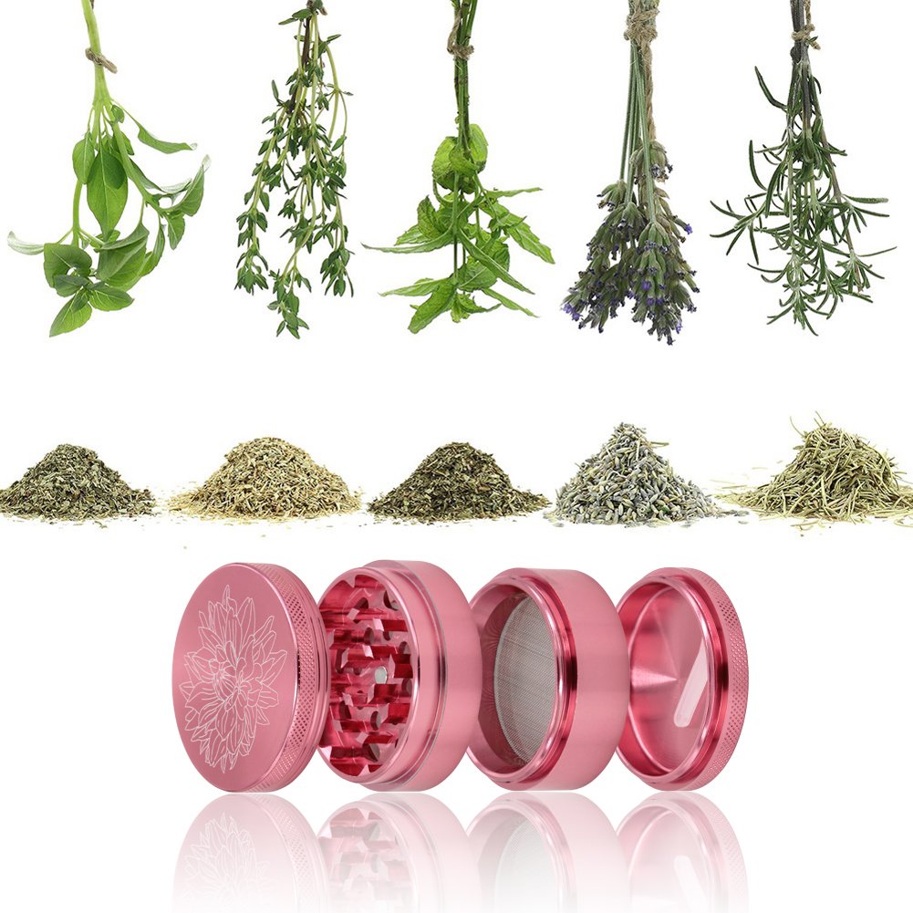 DCOU Premium Aluminium Herb Grinder 2.2 Inches 4 Piece Metal Grinder with Pollen Catcher with Laser Flower Pattern (Pink)