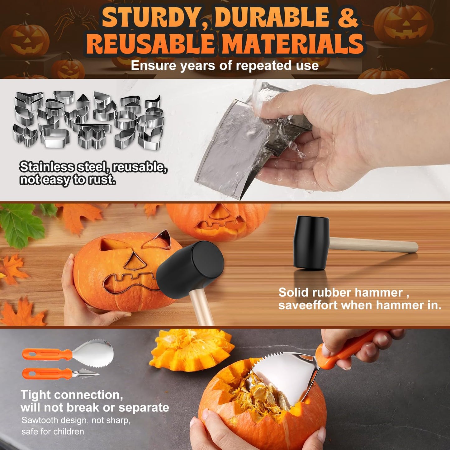 Pumpkin Carving Kit, 27PCS Stainless Steel Tools with 24 Halloween Shape Molds & 3 Carving Tools, Safe DIY Pumpkin Decor for Adults and Kids, Machine Washable