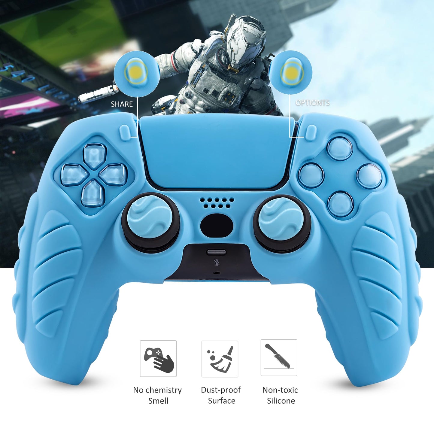 CHIN FAI Ergonomic Soft Grip Skin Compatible PS5 Controller Cover, Anti-Slip Silicone with 6 Thumb Grips Accessories Set for PlayStation 5 (Starlight Blue)