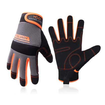 UltraLight Safety Work Gloves, Mens & Women Multi-Functional Work Gloves with Extensive Palm Protection, Mechanic Gardening Construction DIY Gloves with Touchscreen (Small, Orange/Gray)