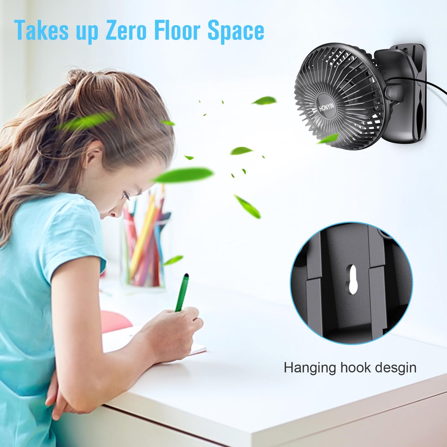 HONYIN 720° Rotation Small Desk & Clip on Fan with Sturdy Clamp, 3 Speeds, Quiet Little Personal Cooling Fan by USB Plug In, for Bedroom Office Desktop Treadmill