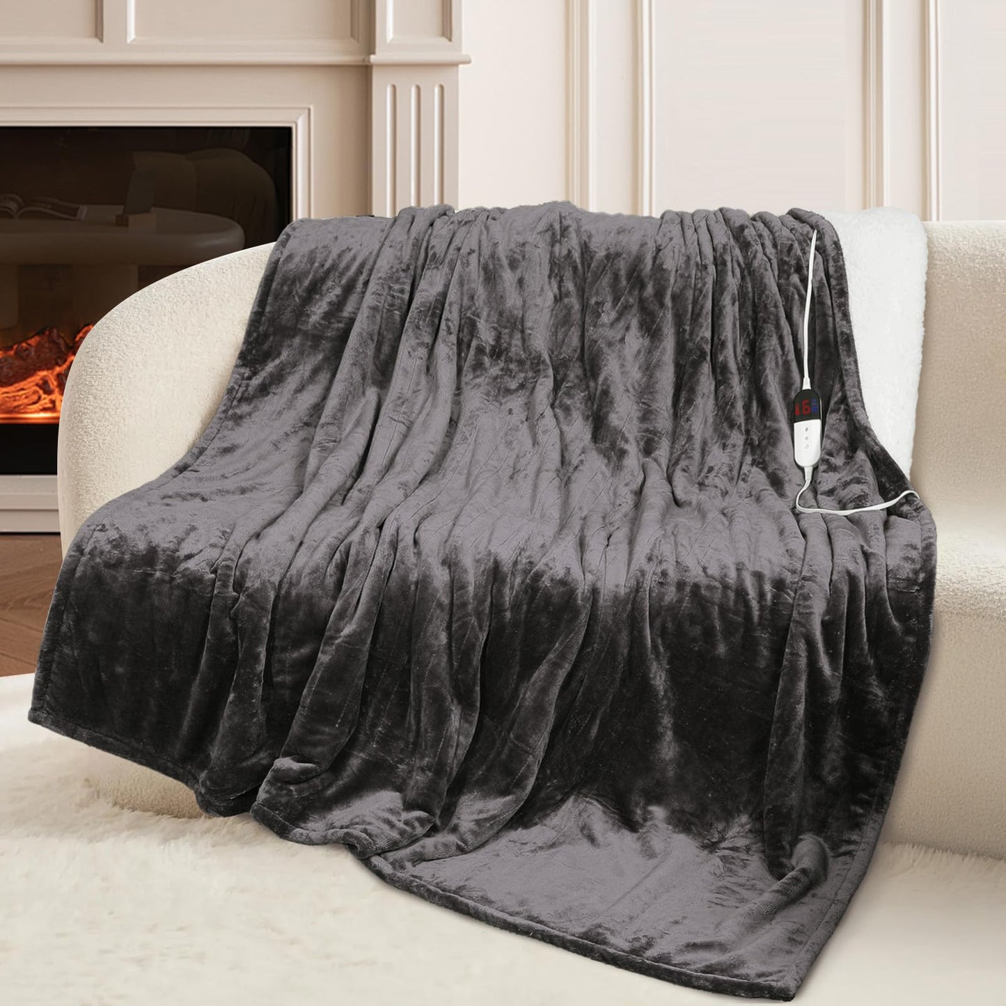 HOW'S MY HOUSE Heated Blanket Throw 50" x 60", Electric Blanket with 12 Time Settings & 6 Heating Levels, Over-Heat Protection, Flannel Sherpa Super Cozy with ETL Certification, Gray