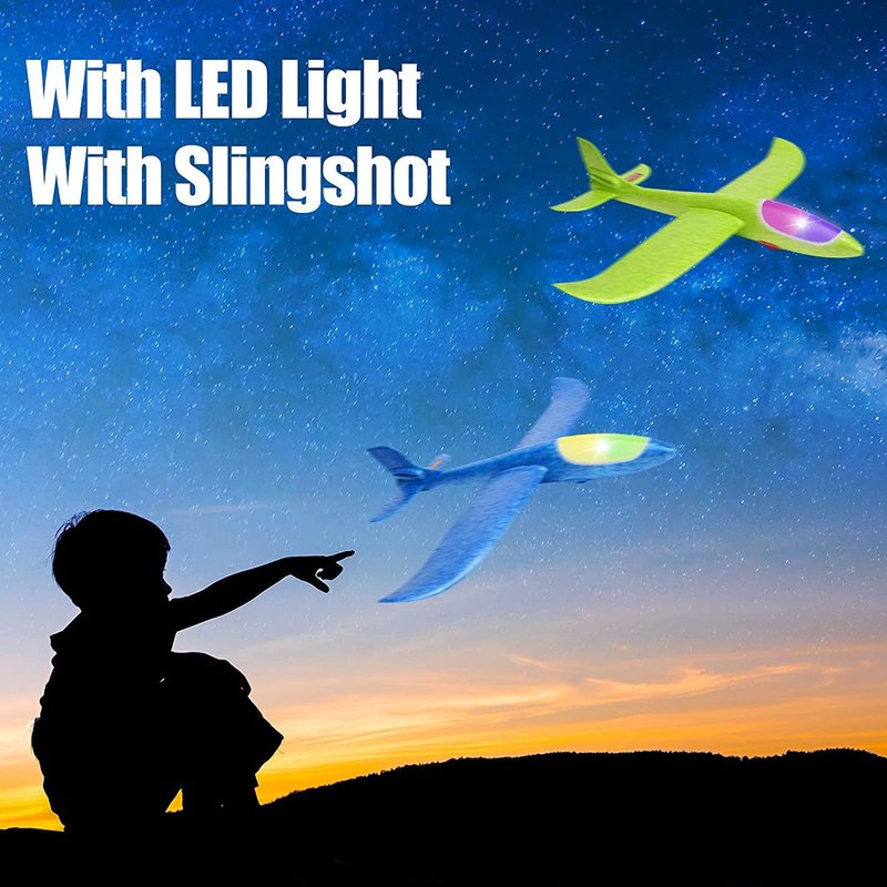 BooTaa 4 Pack LED Foam Airplane,17.5" Large Throwing Foam Plane, 2 Flight Mode Glider, Flying Toy for Kids, Gifts for 3 4 5 6 7 8 9 Years Old Boy, Outdoor Sport Toys Birthday Party Favors