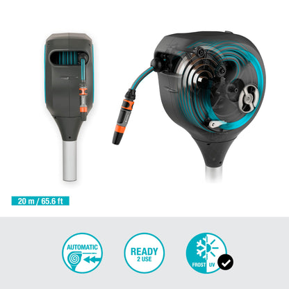 GARDENA 18614-80 | 66' x 1/2" Automatic Retractable Garden Hose Reel on Metal Spike, Outside Garden Hose with 360° swivel Rotation to Reach All Areas of Your Yard. Relocate Hose Reel Easily