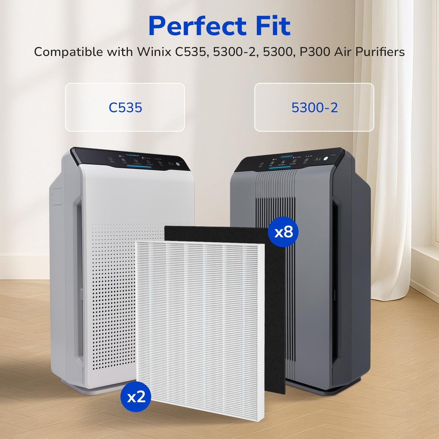 Fil-Fresh 115115 Replacement Filter A, Compatible with Winix Plasmawave Air Purifiers C535, 5300, 5300-2, 6300, 6300-2, P300, AM90, C909, 9800, 2 True HEPA Filters + 8 Activated Carbon Filters