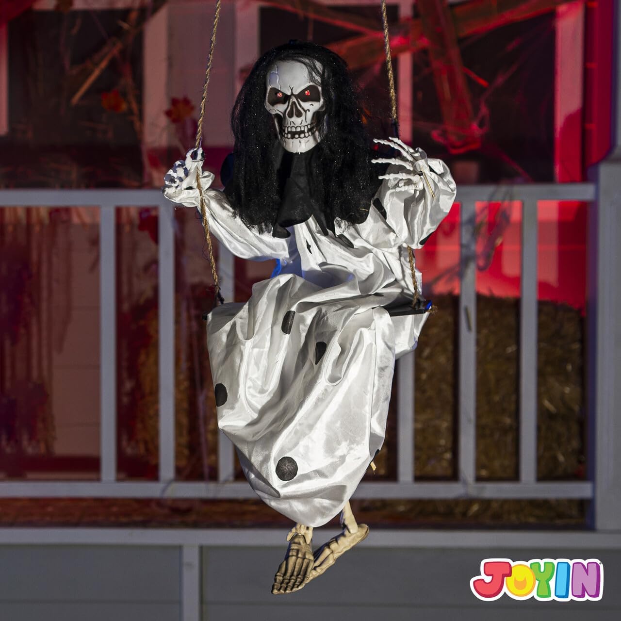 JOYIN Halloween Scary Decorations Outdoor, 2 Packs Halloween Hanging Swinging Ghosts Decor with Lighted Up Eyes, Creepy Swinging Skeleton Flying Props for Yard Patio Lawn Garden