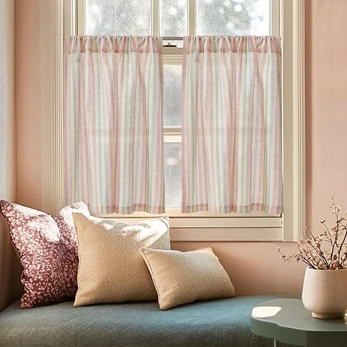 jinchan Striped Linen Kitchen Curtains 30 Inches Christmas Tier Curtains Farmhouse Modern Cafe Style Small Window Treatments Airy Light Filtering Rod Pocket for Living Room Bathroom 2 Panels Candy