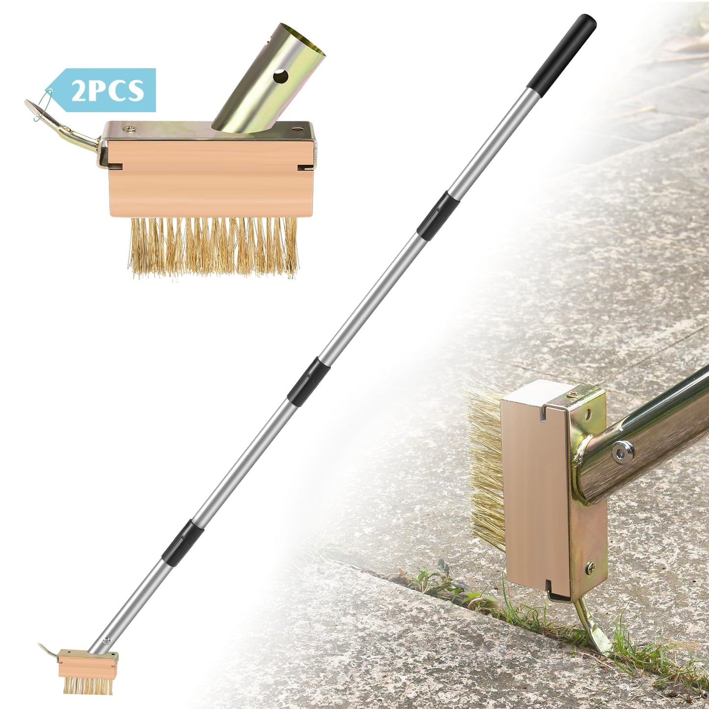 GADFlSH Manual Crevice Weeding Tool, Crack Weeder with 2 Weed Brush Heads, Crevice Weeding Hook with Adjustable Steel Handle for Patios, Decks & Garden Paths