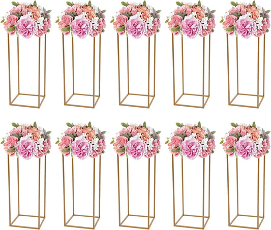 10 Pack 23.6 Inch Gold Wedding Flower Stand Metal Vase Column Stand Geometric Centerpiece Vase for Home Party Wedding Decorations, Rectangular Flower Display Rack