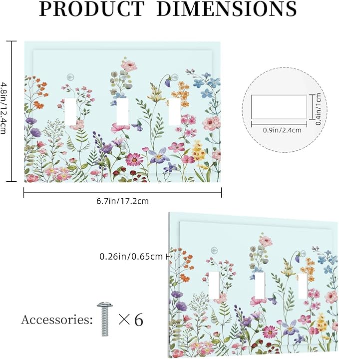 Rustic Wild Floral Vintage Blue Watercolor Flower 3 Gang Light Switch Covers Decorative Unique Triple Toggle Wall Plate Electrical Faceplate Switchplate for Bathroom Bedroom Home Decor