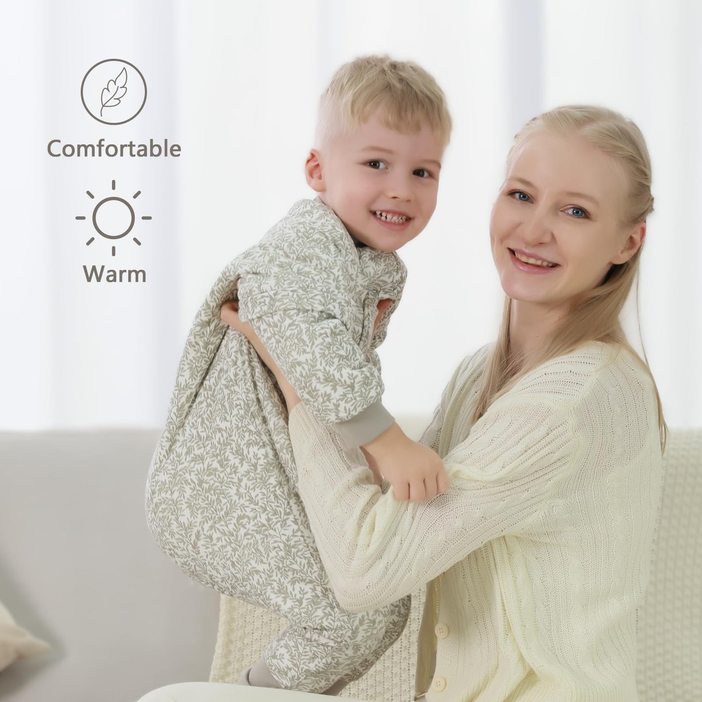 Mosebears Baby Sleeping Bag, 2.5 TOG baby sleep sack with Legs,Warmly Lined Winter Sleeping Bag with Removable Sleeves(Leaf,18-36 Months(baby height 85-95cm))