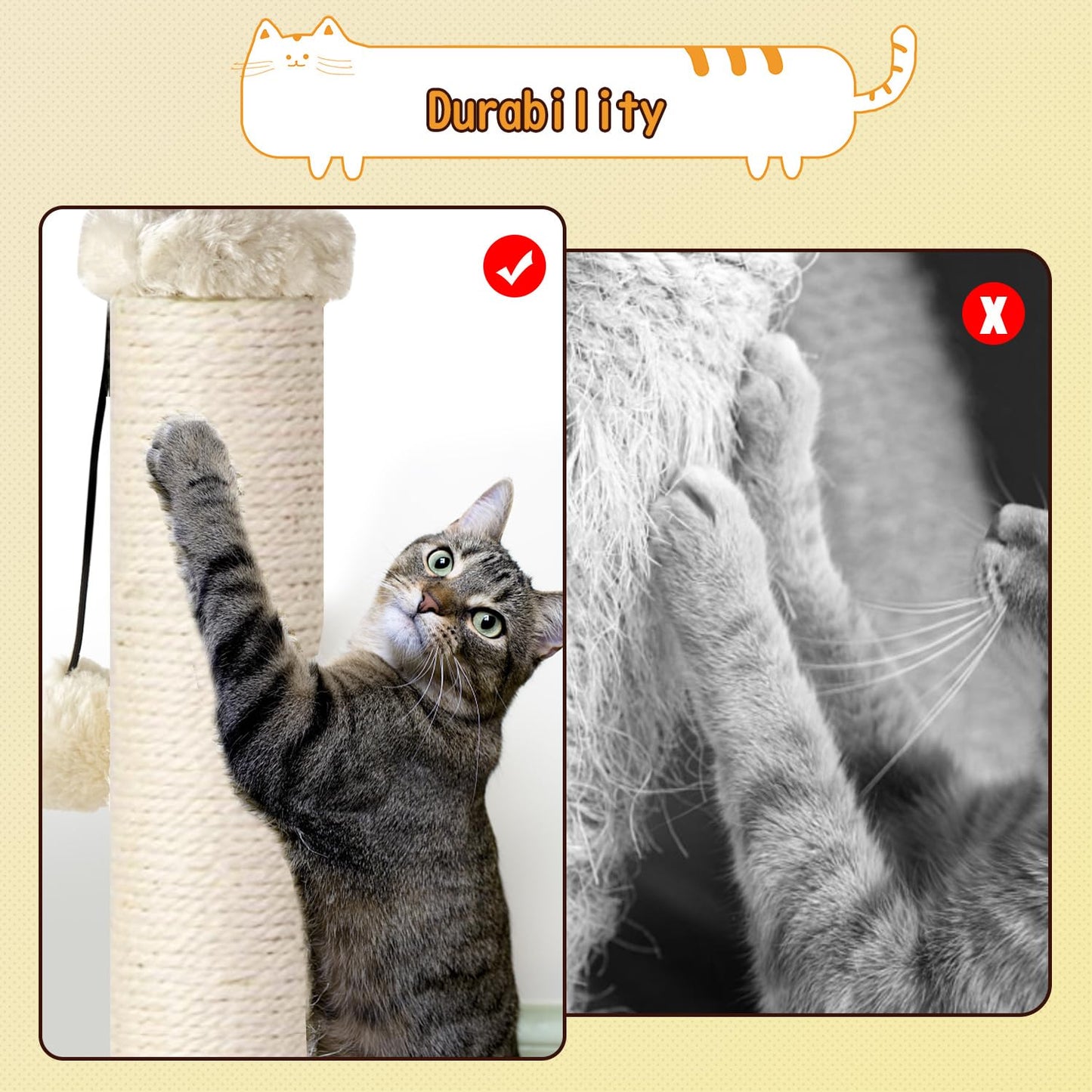 AUSCAT Cat Scratching Post with Multiple Interactive Toys, Vertical Sisal Cat Scratcher for Indoor Cats and Kittens- 63 cm 25 inches Beige