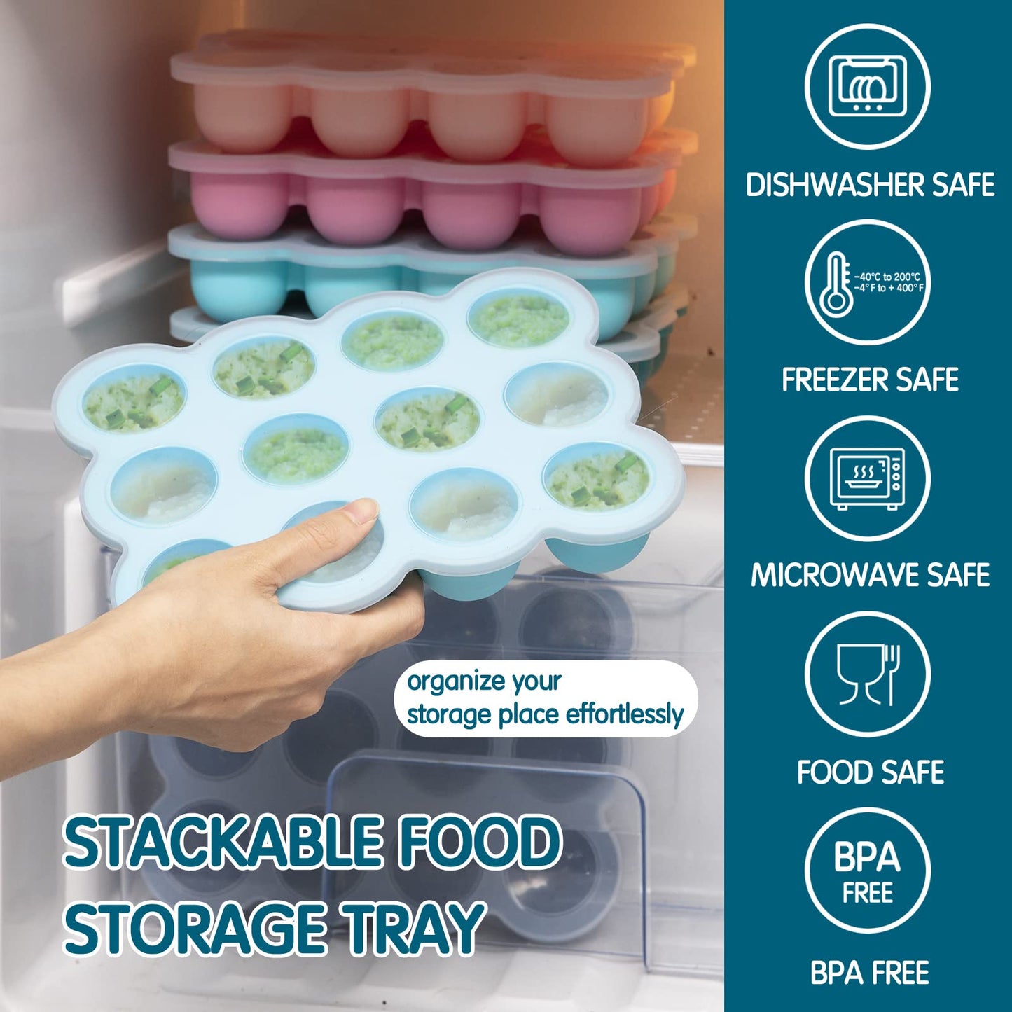 HIWOOD Baby Food Storage - 12 x 1.5OZ Silicone Freezer Tray with Lid, Containers for Homemade Purees - Midnight Blue
