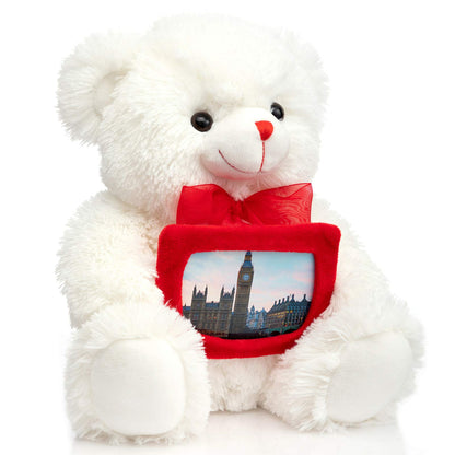 HollyHOME Teddy Bear Stuffed Animal Plush Bear with Red Bow Holding a Picture Frame Soft Plush Toy Holiday Toy Gift 12 Inches Whit
