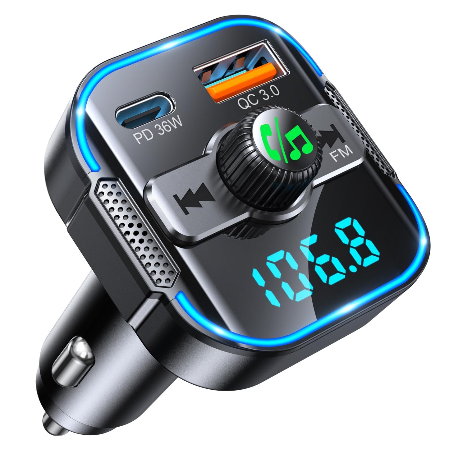 Glangeh 2025 Newest Bluetooth 5.3 Car Adapter【PD 36W+QC3.0 18W】, 2-in-1 Bluetooth FM Transmitter 【Dual Stronger Mics】& Fast Car Charger, Wireless Car Radio Input Adapter Hands-Free Kit, Siri Assistant