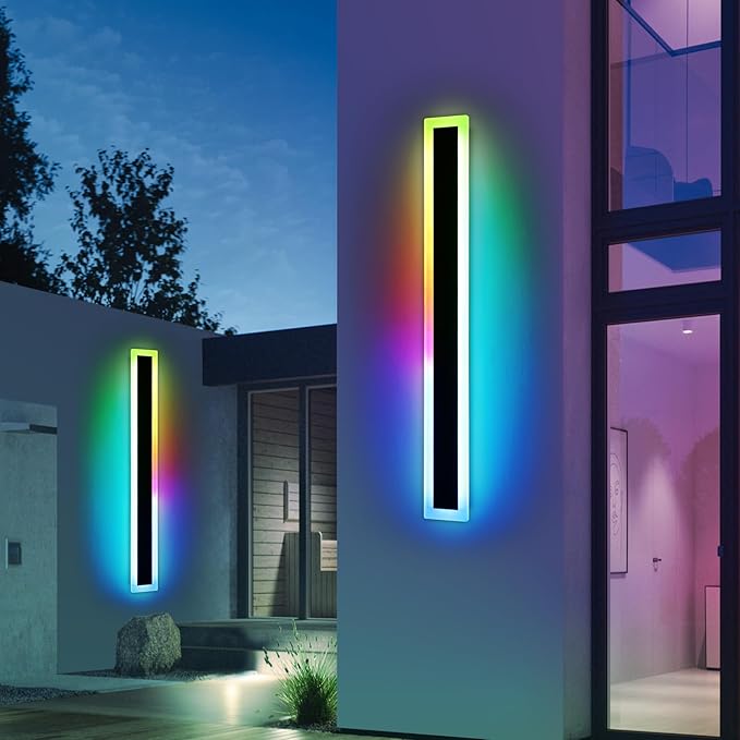 Widened 2 Pack Modern RGB Outdoor Wall Light, 47.2inch 10 Colors Dimmable LED Wall Mount Sconces, 41W, IP65 Waterproof, Long Linear Garage Lighting Fixtures for Garden, Yard, House