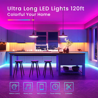 120ft Bluetooth LED Strip Lights,SMD 5050 Music Sync LED Lights Strip,RGB Color Changing LED Lights with Remote,Smart Phone APP Control,LED Lights for Bedroom,Ceiling,Room DIY(APP+Remote +Mic/60ftx2)