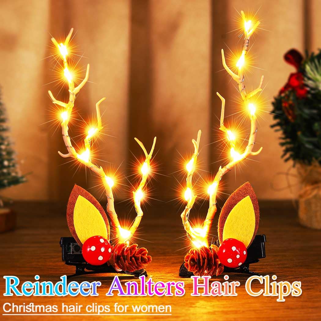 Bartosi LED Light Christmas Hair Clips Reindeer Antlers Xmas Hairpins Hair Barrettes Cute Party Cosplay Head Pieces Hair Accessories for Women and Girls (Pack of 2)