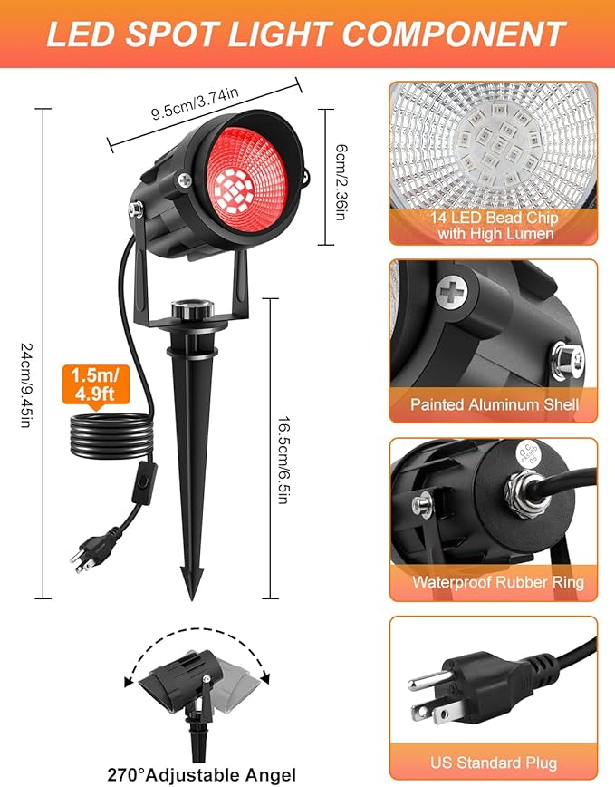 Christmas Red Landscape Lights Outdoor, 14 LED Landscape Lighting with US Plug, IP65 Waterproof Spotlights for Tree Yard Garden Pathway Halloween Decor 2 Pack