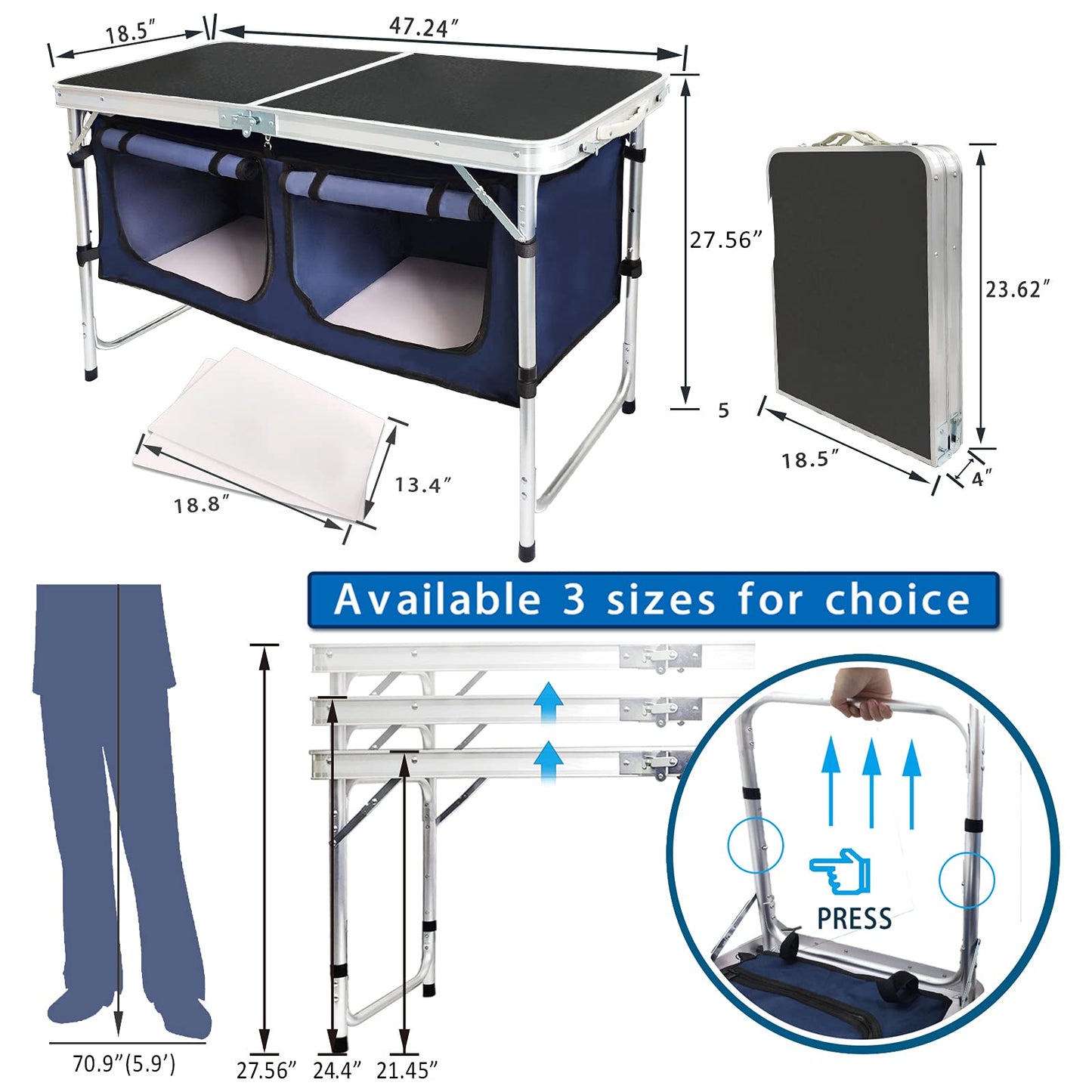 HYMnature Folding Camping Table with Storage Compartment Aluminum Lightweight Camp Kitchen Table Height Adjustable Indoor/Outdoor Table Perfect for Tailgating, Backyards, BBQ,Picnic, Black