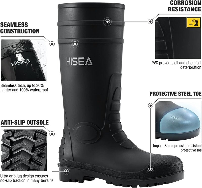 HISEA Men's Steel Toe Rain Boots - Waterproof PVC Rubber Outdoor Work Boots | Durable Slip-Resistant Knee Design