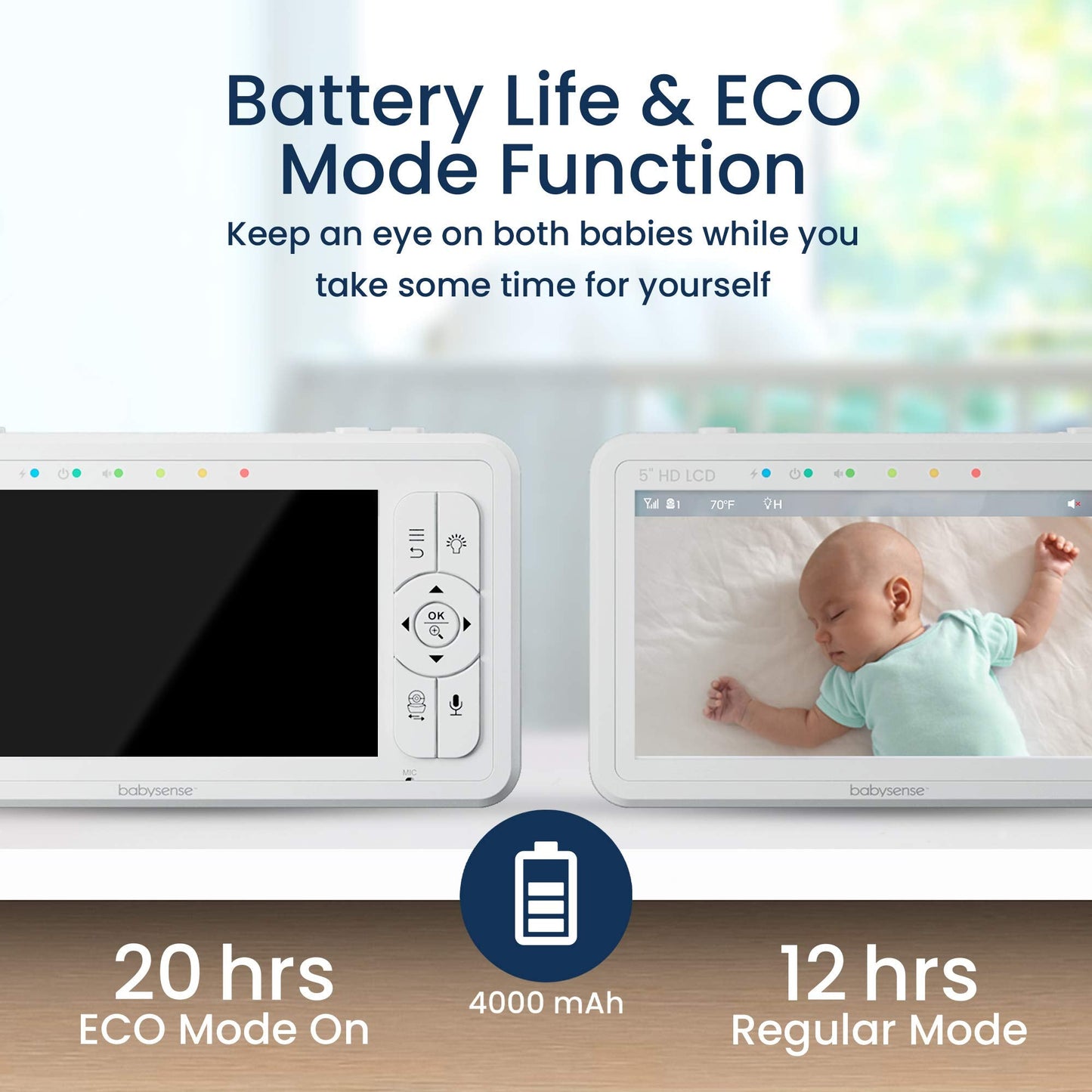 Babysense 5" HD Split-Screen Baby Monitor, Video Baby Monitor with Camera and Audio, Two HD Cameras 720p, Night Light, 300m Range, Two-Way Audio, 4x Zoom, Night Light, 4000mAh Battery