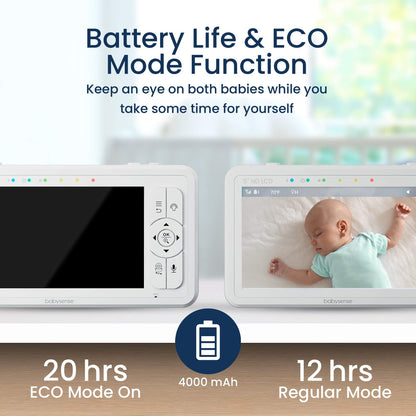 Babysense 5" HD Split-Screen Baby Monitor, Video Baby Monitor with Camera and Audio, Two HD Cameras 720p, Night Light, 300m Range, Two-Way Audio, 4x Zoom, Night Light, 4000mAh Battery