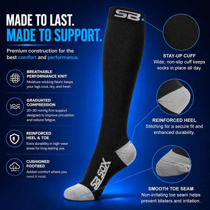 SB SOX Compression Socks for Men & Women (20-30mmHg) – Best Compression Socks for Flying, Medical, Sports, Wide Calf Fit, and Daily Wear (Black/Gray, Large)