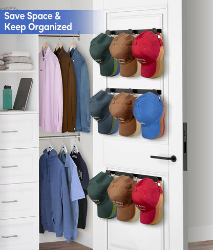 KIMBORA 4 Packs Hat Rack for Wall, Hat Organizer for Baseball Caps Holds 36 Hats, 3 Mounting Options Hat Hook Hanger, Strong Baseball Hat Holder Storage, Cap Display for Door, Room, Closet (Black)