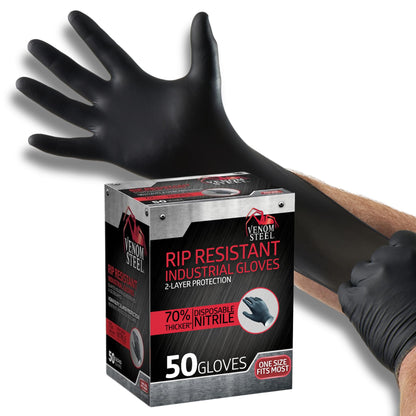 Venom Steel Premium Industrial Black Nitrile Gloves, One Size Fits Most, (Pack of 50)