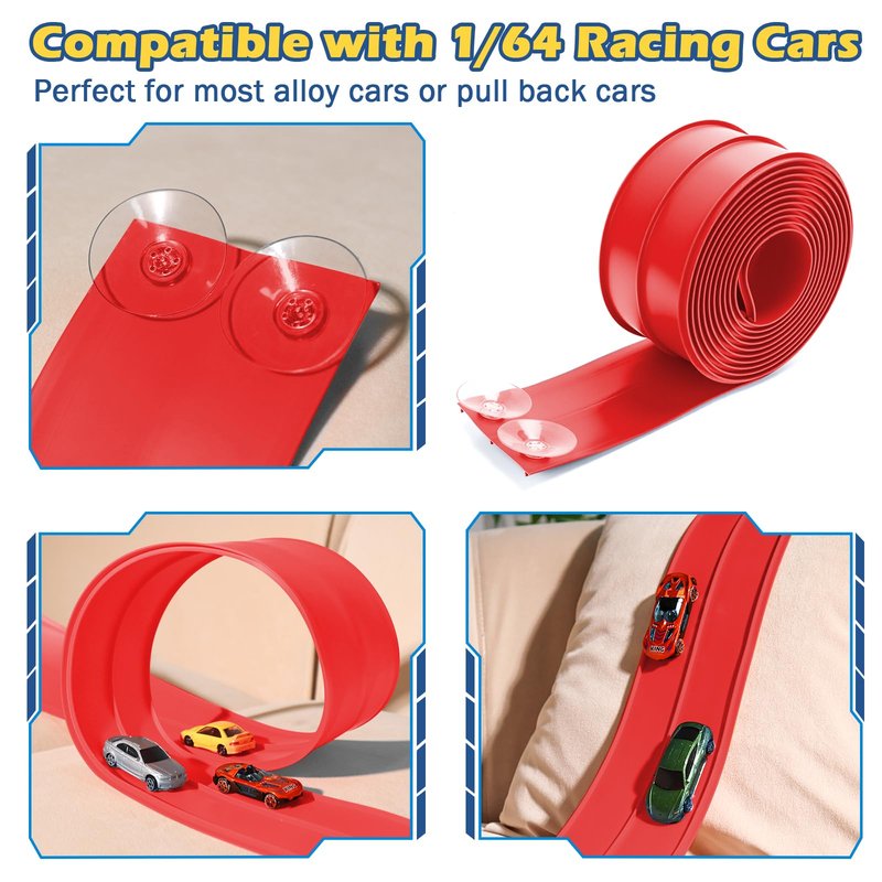 Upgrade Flexible Race Track for Kids 3+, Flexible Car Track 15Ft Race Track Compatible with Diecast 1/64th Cars, Roll Up Car Ramp Toy with Strong Suction Cups
