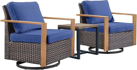 Outdoor Patio Swivel Rocker Chairs - 3 Piece Wicker Patio Furniture Bistro Set with 2 Swivel Rocking Chairs and 1 Metal Side Table,Thick Cushions,Deep Seating for Deck Porch Garden(Brown/Blue)