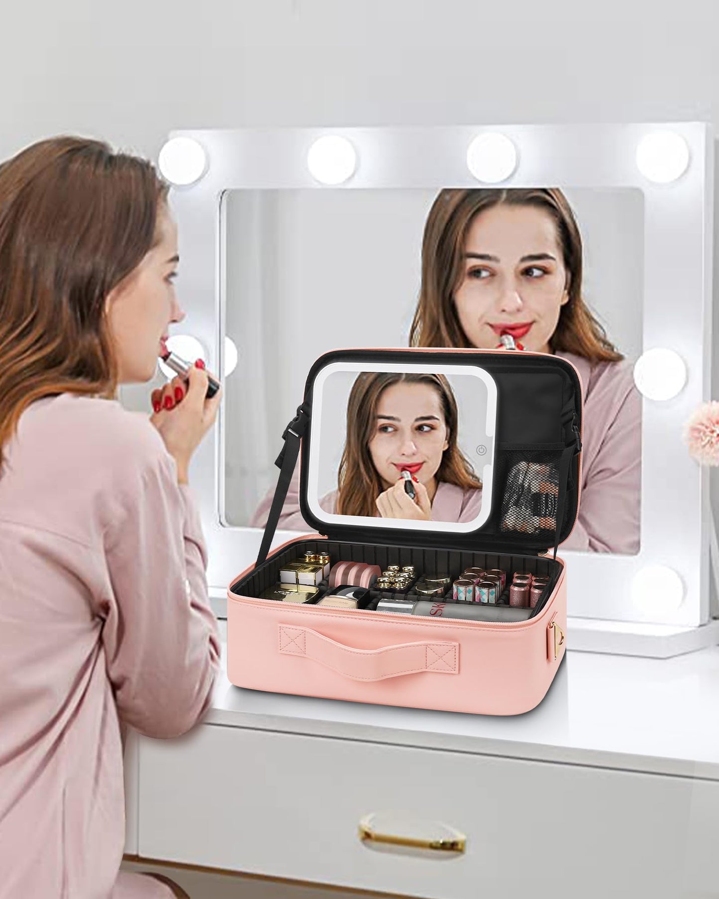 Relavel Travel Makeup Bag With LED Mirror, Cosmetic Train Case with Light up Mirror, Portable Makeup Artist Organizer Bag with Adjustable Dividers, Makeup Brush Holder Storage, Black