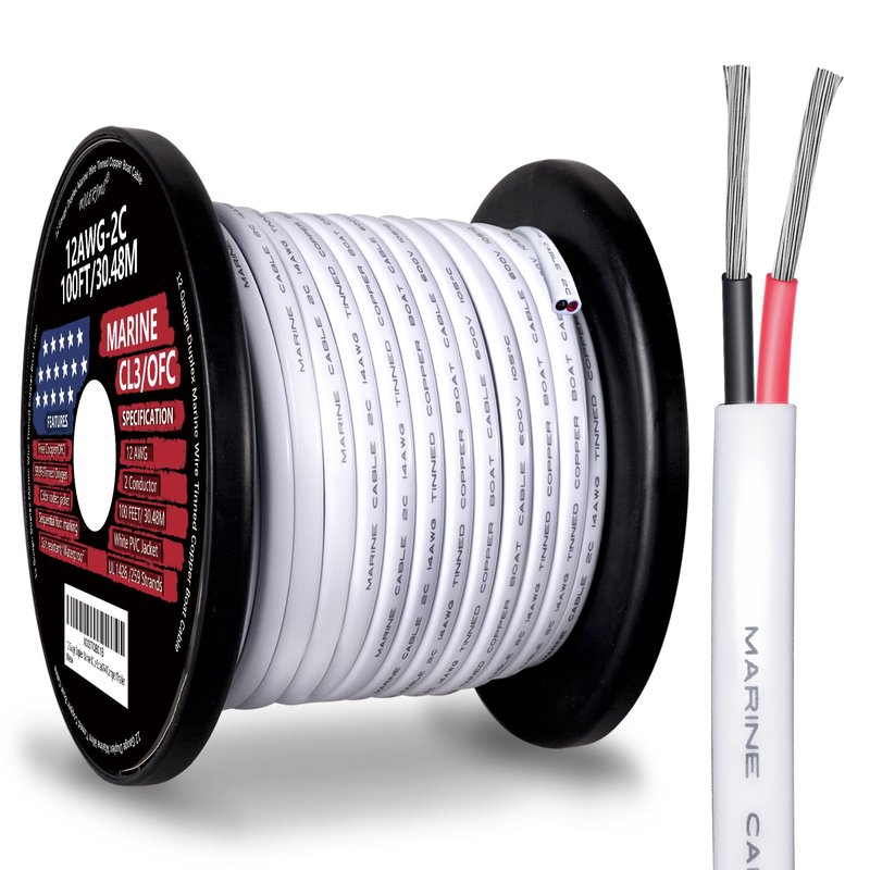 12 Gauge Duplex Marine Wire Tinned Copper Boat Cable, 100ft 12 AWG Standard USA OFC Oxygen Free Copper Wire for Outdoors/Automotive/Boat/Speakers/Solar/RV/Camper/Trailer