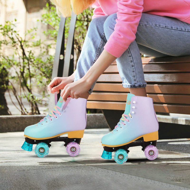 LIKU Quad Roller Skates for Girl and Women with All Wheel Light Up,Indoor/Outdoor Lace-Up Fun Illuminating Roller Skate for Kid (Purple, 1-2)