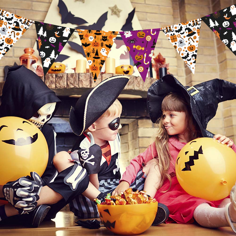 2025 Halloween Banner Party Decoration（Pre-Assembled） Cute Halloween Garland Bunting Banner Triangle Flag with Foil Swirl Ceiling Hanging Cards, Pumpkin Ghost Witches Bat Spider Skull Sticker
