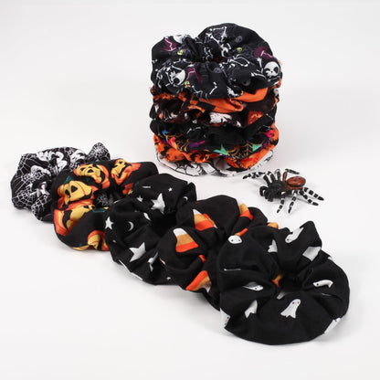 Halloween Hair Scrunchies BOO Spooky Pumpkin Fall Scrunchies Skull Ghosts Bat Star Moon Candy Spider Web Skeleton Hair Ties for Women Girls Elastics Scrunchy Halloween Gifts Accessories 12 PCS