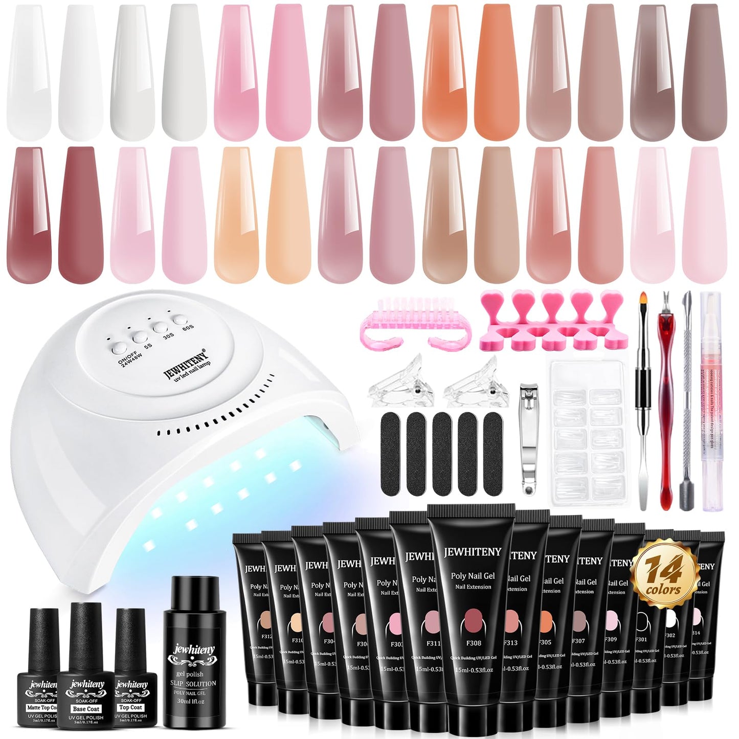JEWHITENY Poly Extension Gel Nail Kit 14 PCS Poly Gel Kit with Slip Solution and Mini Lamp Nail Art Design Beginner