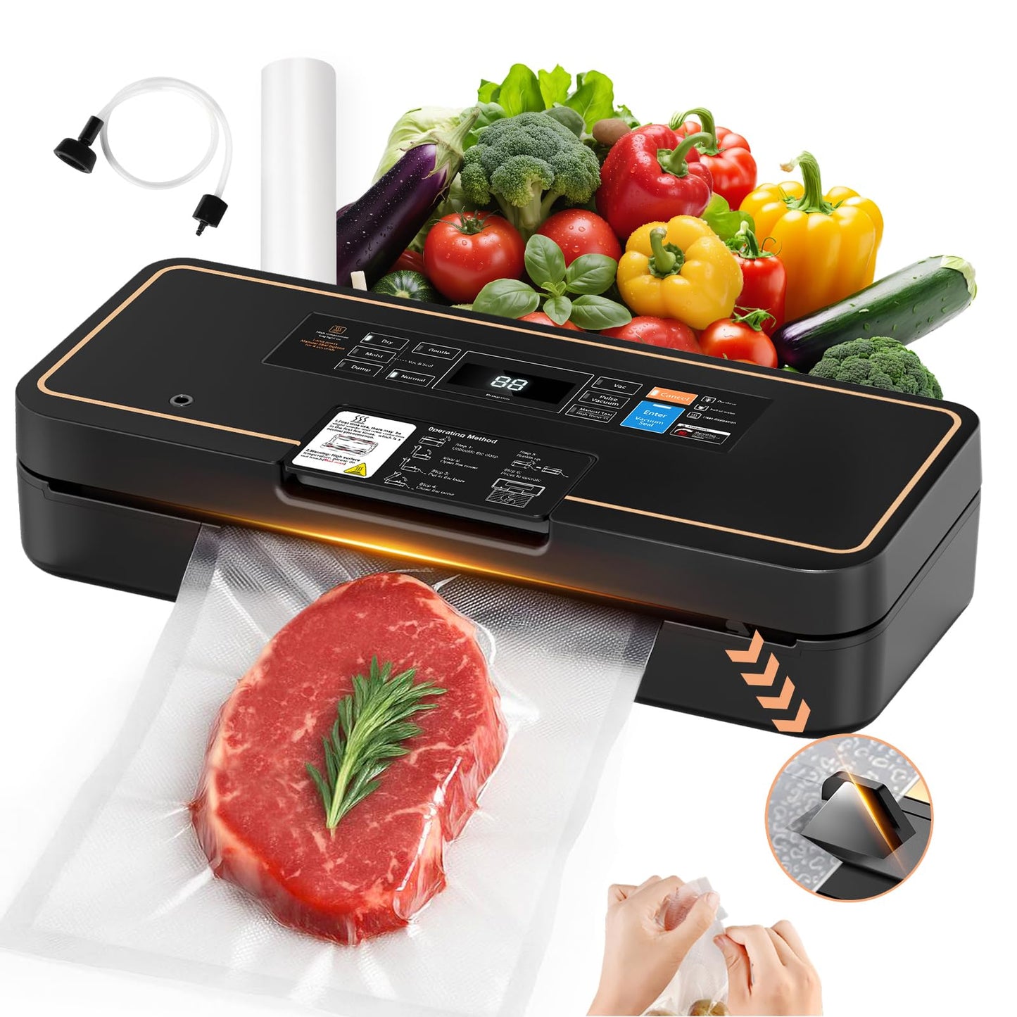 UPRUBE Vacuum Sealer for Food, 95kPa Food Saver Vacuum Sealer Machine, 135W Fast-Sealing by Built-in Bag Storage, Easy Tear Cutter, 9-in-1 Compact Food Vacuum Sealer Machine with 10 ft Bag Roll