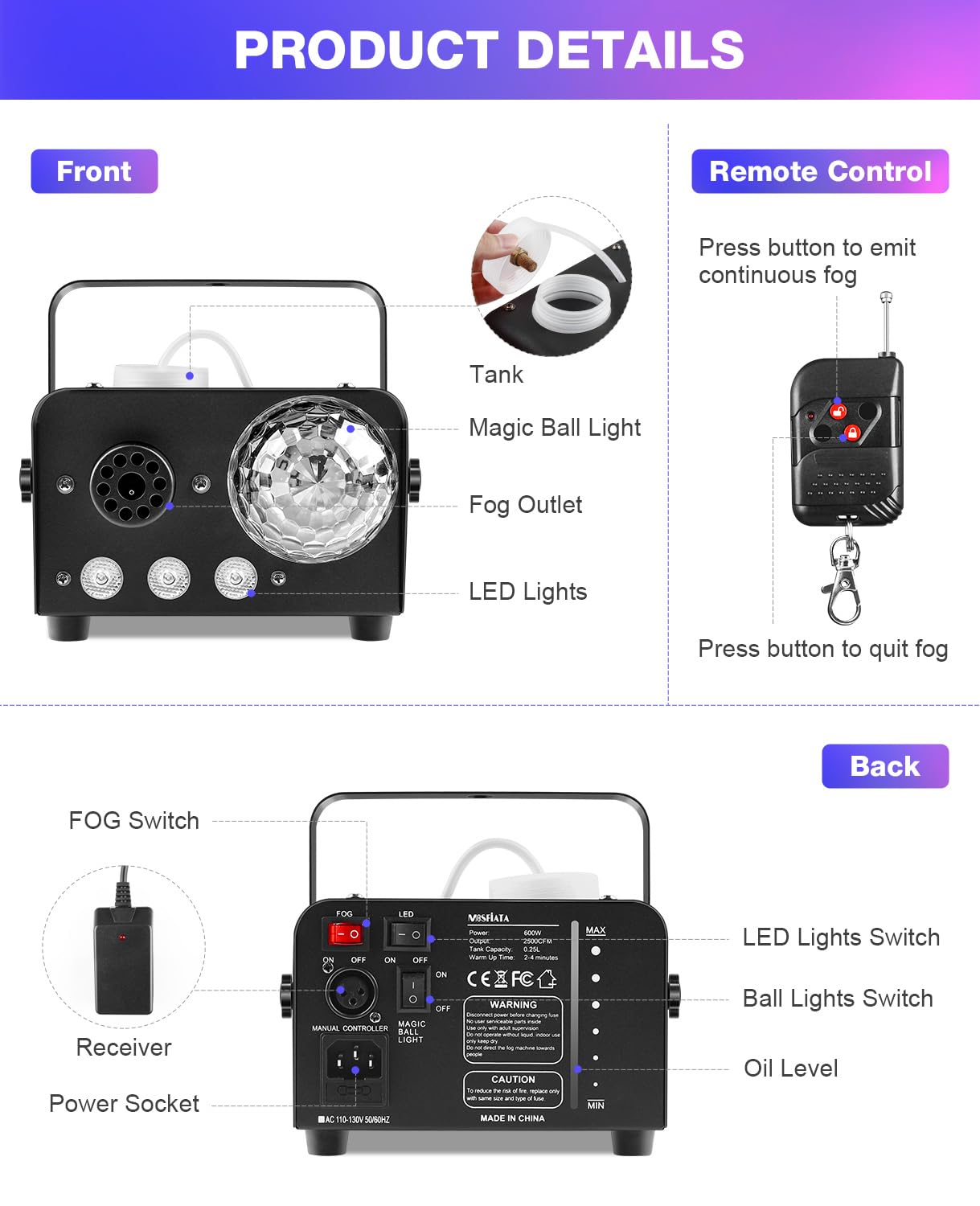 MOSFiATA Fog Machine with Disco Light 600W Smoke Machine RGB LED lights, 2300 CFM Spray, Remote Control, Perfect for Halloween, Christmas, Wedding, Party, Club, DJ Stage Effect