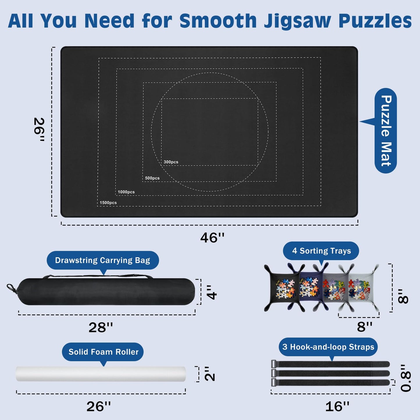 MoKo Jigsaw Puzzle Matt Rollup, 46" x 26" Puzzle Saver Pad with 4 Sorting Trays & Travel Storage Bag, Portable Puzzle Keeper Up to 1500 Pieces, Non-Slip Rubber Bottom & Smooth Surface