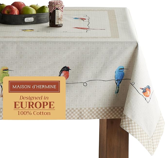 Maison d' Hermine Table Cloth Rectangle Table 100% Cotton 70 x 108 Inches Tablecloth Reusable Decorative for Dining Room, Farmhouse, Home, Party, Festive & Wedding Spring Summer - Birdies On Wire