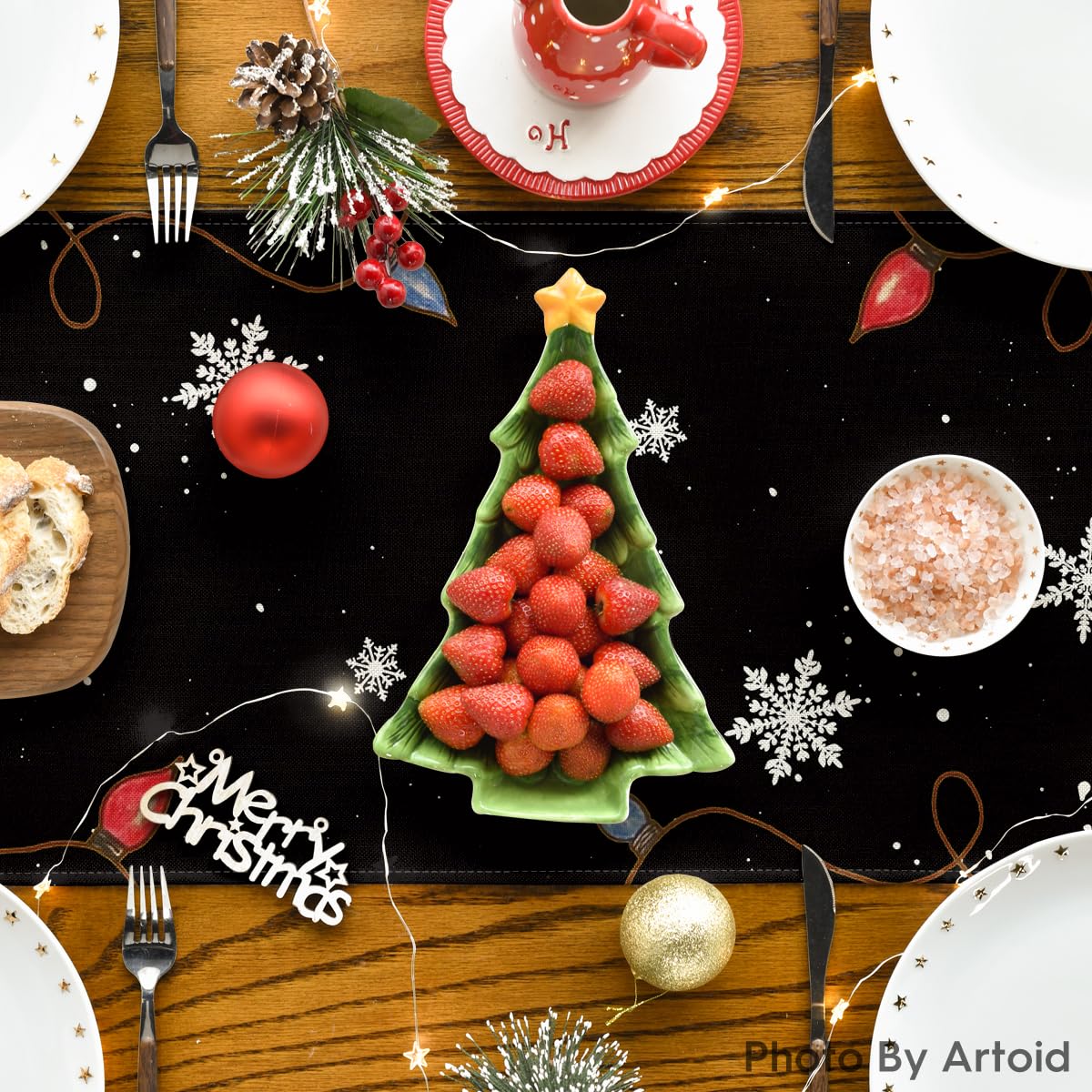 Artoid Mode Merry Christmas Table Runner Black, Seasonal Winter Xmas Holiday Kitchen Dining Table Decoration for Outdoor Home Party Decor 13 x 72 Inch
